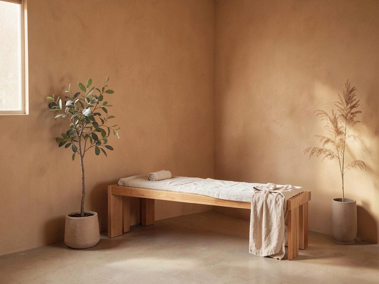 A warm, simply furnished treatment room at the nervae studio